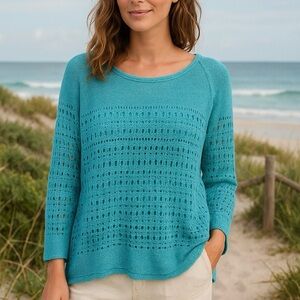 J Jill Linen Blend Open Knit Blue Pullover Sweater Womens Large Fisherman